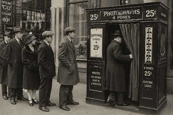 Antrian di depan stan foto box vintage